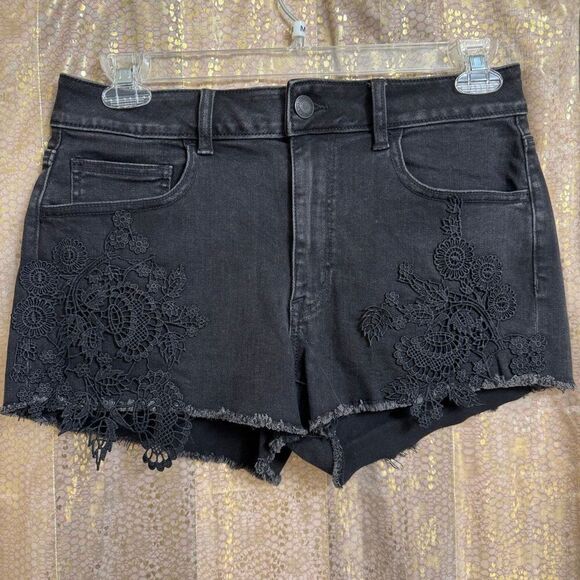 American Eagle Outfitters Black Embroidered Lace Hi Rise Shortie Shorts 12 - Picture 1 of 7